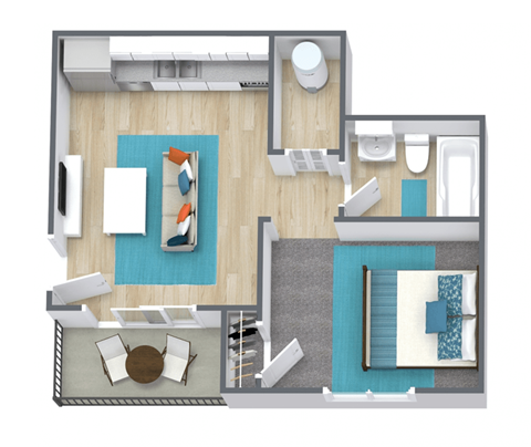 a stylized floor plan of a bedroom with a bathroom and a living room